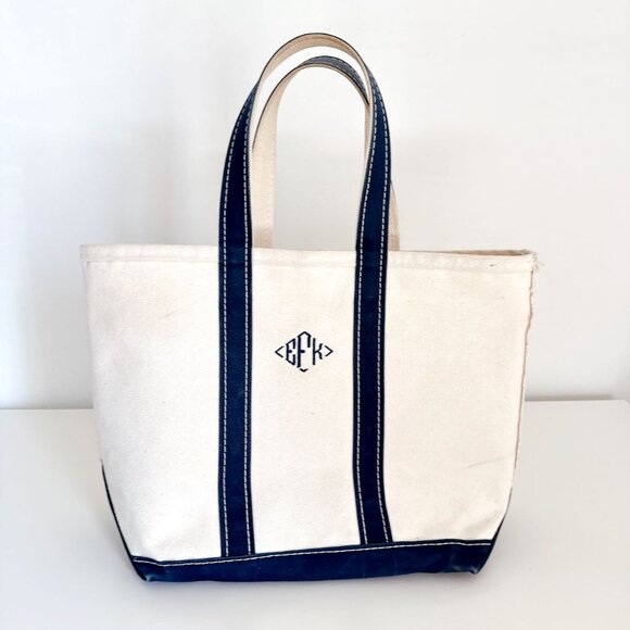 VINTAGE LLBEAN BOAT & TOTE BAG - WHITE WITH NAVY - MONOGRAM EFK - MEDIUM 16" - Picture 2 of 12